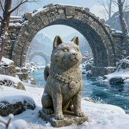 an ancient and weathered stone shiba inu statue beside a frozen stream, underneath a nordic arch, skyrim pc screenshot