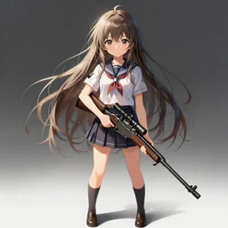 anime, full body, cute, female, a cute girl wearing a school uniform and holding a sniper rifle, long messy hair, light and shadow effects, highly detailed, digital painting, art station, sharp focus, high quality, frontal view, illustration, concept art, advanced digital anime art