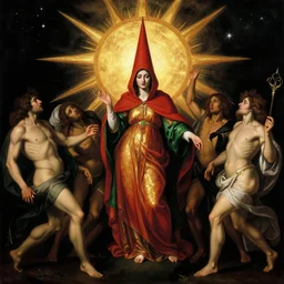 trials of the scarlet woman by caravaggio adolf wolfli beksinski jan van eyck william blake, hardship, damned souls, golden sun, sky with stars, black void, ecstatic visions, religious ritual, epiphany, conical red hood, red gold emerald