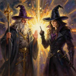 artwork of a wizard versus a warlock by rebecca guay