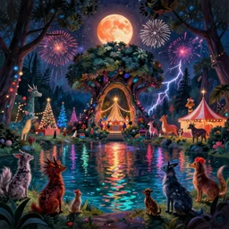 a night carnival around a magical tree cavity, with a surreal orange moonlight and fireworks in the background, next to a lake with iridiscent water, christmas lights, volumetric lightning, folklore creatures and fantastic animals and people disguised as fantastic creatures in a magical forest by summer night, masterpieceunderwater scene, masterpiece painted by rolf amstrong, scene by night, multicolored lights, dark, dark night environment, refraction lights, glares