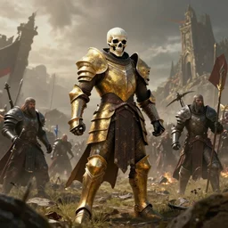a fantasy battlfield with a skull headed knight with a skull hemet, wearing golden armor standing strong in the middle of a battlefield, hyper realistic, unreal, craig mullins, alex boyd, lord of the rings, game of thrones, dark souls, artstation, cinematic action shot, warhammer