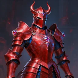 avant - garde style painting of crimson full plate armor with azure blue lining and studded with rubys worn by demon king, impressive helmet, magic, enchanted, intricate, crystal, 8 k, artstation trending, masterwork