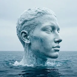 a giant sculpture of a human head made out of water, on the ocean water, cinematic, in the style of johnson tsang, long shot, hyper detailed, hyper realistic, ray tracing, 8 k resolution, sharp focus, realistic water, award winning