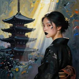 filmstill, over the shoulder photography of asian girl looking in to the camera, black lips, black kimono, black pagoda, black face tattoo, sad mood, god rays, volumetric light, lightbeams, art noveau style, neobrutalistic, liquid acrylic paint fluid, painted by monet and kandinski, photography, hypperrealistic, beautiful details, smooth illustration