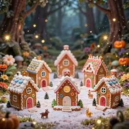 gingerbread candy village, colorful, fantasy, fairytale, forest, fireflies, flowers, halloween, christmas, snow, hansel and gretel, bokeh, closeup, depth of field 1 0 0 mm, cinematic scene, studio quality, unreal engine, octane render, trending on artstation, artgerm, cgsociety