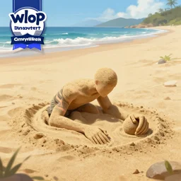 a little man made of sand, on huge beach, highly detailed, anatomically correct, digital art by wlop, deviantart contest winner, fantasy art, digital illustration, digital painting, photoillustration