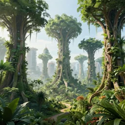 futuristic sci - fi city made of trees, buildings made of giant trees, organic engineering, lush flora, beautiful render, volumetric lighting, haze, raytracing, 8 k