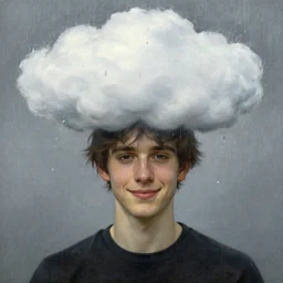 a character with a cloud on his head, raindrops instead of tears, disheveled thoughts, the subtle existence of reality in time, a beautiful face, a sweet smile by andrew wyeth