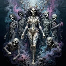 goddess of death with full body tattoos, by nekro borja, petros afshar, ross tran, peter mohrbacher, tom whalen, underwater psychedelic smoke, highly detailed, intricate, elaborate, illustration, sharp focus, artstation