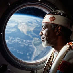 analogue photo of an African tribal chief inside the orbiter of a space shuttle, looking at porthole window, planet earth outside window, close-up, colour, photo shot by martha cooper, 35mm,