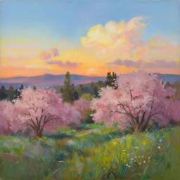 an extraordinarily beautiful oil painting of a landscape in spring during sunset ; the most beautiful painting in the world ; by makoto shinkai