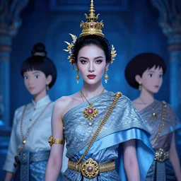 white thai woman wearing intricate thai accessories makuta and clothes fashion by ilya kuvshinov and anna dittmann and studio ghibli and wlop and rossdraws, digital art, blue lighting, trending on artstation, anime arts, featured on pixiv, blue lighting, hd, 8 k, highly detailed, good lighting, beautiful, epic, masterpiece
