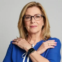 photograph of a spanish woman in her 5 0 s with glasses, blonde shoulder length hair, apple watch, a blue top with white ribbons, bracelet, and pink fingernails,