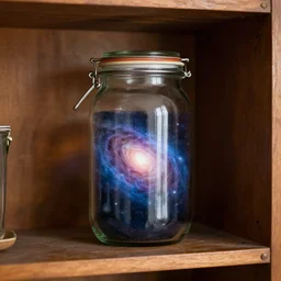 the universe contained inside a glass jar kept in a vintage shelf