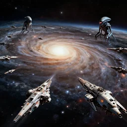 A space battle , deep space  and  galactic fleet at war with aliens in the style of Syd Mead , Chris Foss .