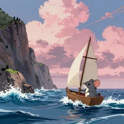 little anthropomorphic mouse sailing, anime landscape wallpaper, rough waves, ocean cliff side, pink multicolor clouds