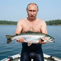 7 0 s movie still of putin in speedo, proudly holding a salmon on a fishing trip in siberia. cinestill 8 0 0 t _ 3 5 mm eastmancolor, heavy grain, high quality, high detail