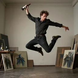 a detailed portrait of a male model boisterously dancing around the room by himself holding an empty wine bottle as he jumps in the air in an (art studio), striking artistic concept, perfect composition, detailed facial expression, fine detail, dramatic lighting, award-winning photo UHD, 4K