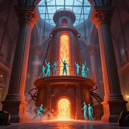 dancers dressed in cyan on a beautiful victorian forge furnace with large pillars, lava streams, magma, glass ceilings, chains hanging from ceiling, light dust, by peter mohrbacher dan mumford craig mullins nekro, cgsociety, pixiv, volumetric light, 3 d render