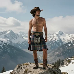 a homoerotic portrait by greg rutkowski and albert bierstadt and bill ward of a shirtless brown desi hiker on a mountain peak | he is wearing a revealing tartan kilt, cowboy hat, and leather boots | background is snowy mountains and clouds | detailed face, ethereal, dreamlike | trending on artstation