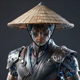 hyper realistic, highly detailed hybrid of raiden from mortal kombat, and raiden from metal gear solid wearing an asian conical hat. portrait, stephen bliss, unreal engine, greg rutkowski, beeple global illumination, translucent, sub - surface scattering, detailed and intricate environment