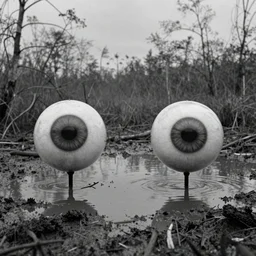 movie still by tarkovsky of big eyeballs floating over a mud pond, swamp backround, cinestill 8 0 0 t 3 5 mm b & w, heavy grain, high quality, noir, natural textures, photorealistic, ambient occlusion, hd, ultra wide lens, anamorphic