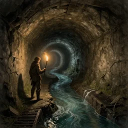 an adventurer with a torch stands in a long twisting sewer tunnel. a waist - deep stream with brackish water flows through. fantasy art, underground, crumbling masonry, bleak, sewage falling from grates, abandoned spaces, torchlight. parlainth, darkest dungeon, sketch.