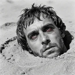 1 9 6 0 s movie still close up of marcus atilius regulus bloody eyes looking directly at the sun his body buried in the sand, cinestill 8 0 0 t 3 5 mm b & w, high quality, heavy grain, high detail, texture, dramatic light, anamorphic, hyperrealistic, detailed hair