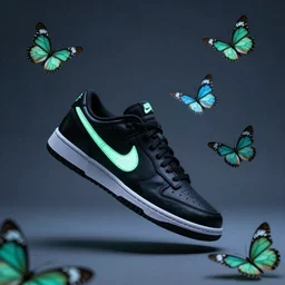 glow-in-the-dark butterflies lift Nike sneakers into the air, cinematic, 4k,