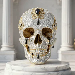 beautiful 3 d render of a skull ornamented in diamonds dripping liquid onyx by billelis + gold and marble sculpture + gold filigree + kintsugi!!!, on a marble pedestal!!!!, marble columns in background!!!!!!!!!!!!!!!!, transcendent, clean linework, finely detailed, 4 k, trending on artstation, photorealistic, volumetric lighting, octane render