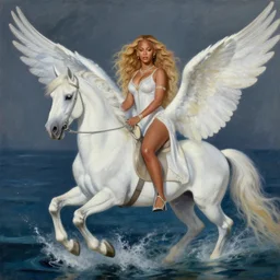 oil painting of beyonce knowles as a sorceress woman riding a white seraphim winged horse on the water, in the style of artist wayne reynolds, highly detailed, 8 k, artstation
