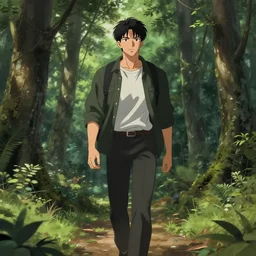 a handsome anime man, he is walking in the forest, by Edgar Maxence and William-Adolphe Bouguereau
