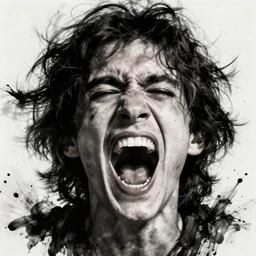 portrait of crazy person screaming black ink on paper
