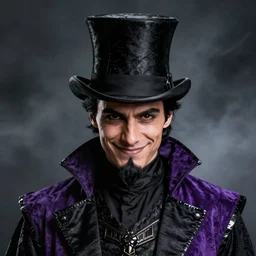 a portrait of mena massoud wearing purple and black ringmaster attire, nefarious smirk, young adult in his early 3 0 s, black hair, medieval, nice black top hat, pencilthin goatee, warlock, smokey background, style by donato giancola, wayne reynolds, jeff easley dramatic light, high detail, cinematic lighting, artstation, dungeons and dragons