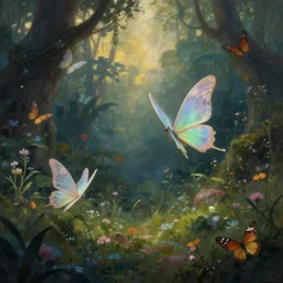 a whimsical painting of fairies and butterflies with iridescent wings in a prehistoric garden world. dark atmosphere. soft light. just before dawn. fantasy art. trending on artstation