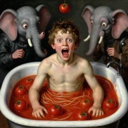 a boy like the spaghetti monster, eraserhead and elephant man sitting in a tub full of tomato sauce, looking straight into camera, screaming in desperation, by giuseppe arcimboldo and ambrosius benson, renaissance, fruit, intricate and intense oil paint, a touch of joseph cornell, beksinski and hr giger and edward munch, realistic