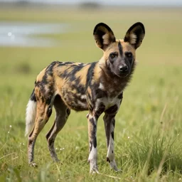 an african wild dog on the african plains, long grass, sparkling water, glistening, hyper realistic, hyper detailed, digital art, trending in artstation, cinematic lighting, studio quality, smooth render, unreal engine 5 rendered, octane rendered, by paul lehr