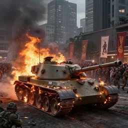 tanks burning city, army, crowds of people, banners, volumetric lighting, unreal engine, realistic