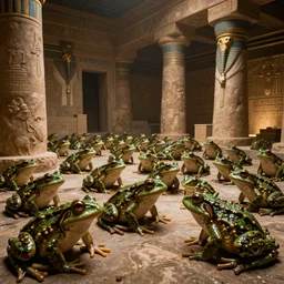 hundreds of frogs inside an ancient Egyptian palace, cinematic lighting, dramatic angles, ultra detailed