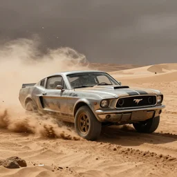 concept art of a scavenged mustang racing through a sandstorm in a post - apocalyptic desert, grimy, gritty, blade runner 2 0 4 9, trending on artstation, award winning painting, cgi, art by john berkey and anton fadeev and john howe and simon stalenhag and greg rutkowski