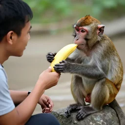 a monkey feeds a banana to a man, color high - quality photo