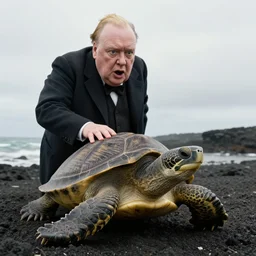 An astonished Winston Churchill with mouth agape discovers the first turtle ever in Galapagos, national geographic, XF IQ4, f/8, ISO 200, 1/160s, 8K, RAW, directed gaze