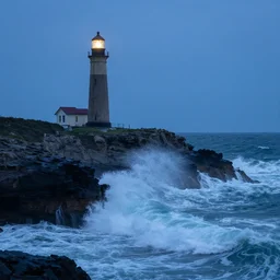 lighthouse on a cliff with crashing waves, classic realism, blue hour