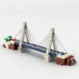 a cable stayed bridge made of lego bricks, on a volcano
