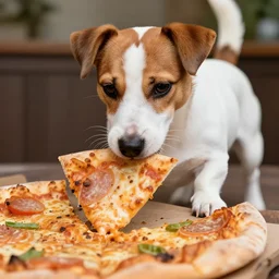 photo of a white jack russel eating pizza