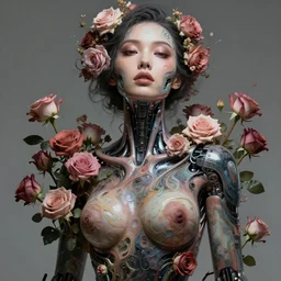 portrait of a seductive female with flowers, cyberpunk cyborg. roses, muted colors, sci fi, intricate abstract upper body intricate artwork, by tooth wu, wlop, beeple, dan mumford. concept art, octane render, deviantart, greg rutkowski, cinematic arthouse, key art, hyper realism