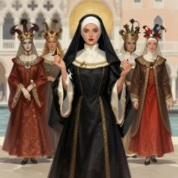 beautiful female character inspired by venice carnival, christmas and nun | | digital artwork made by greg rutswork, anna dittmann, rosdraws and lois van barlee, symmetrical, anatomically correct