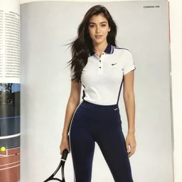 a beautiful woman in tennis wear, tights, a 1 9 9 0 magazine page