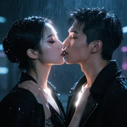 facial portrait of a korean blade runner ballerina model with beautiful makeup kissing a asian male model, dark cyberpunk background, lens flare, rain, deep focus, d & d, intricate, elegant, highly detailed, photo, artstation, blade runner, 8 k, sharp focus, octane, unreal engine 5, global illumination, radiant light